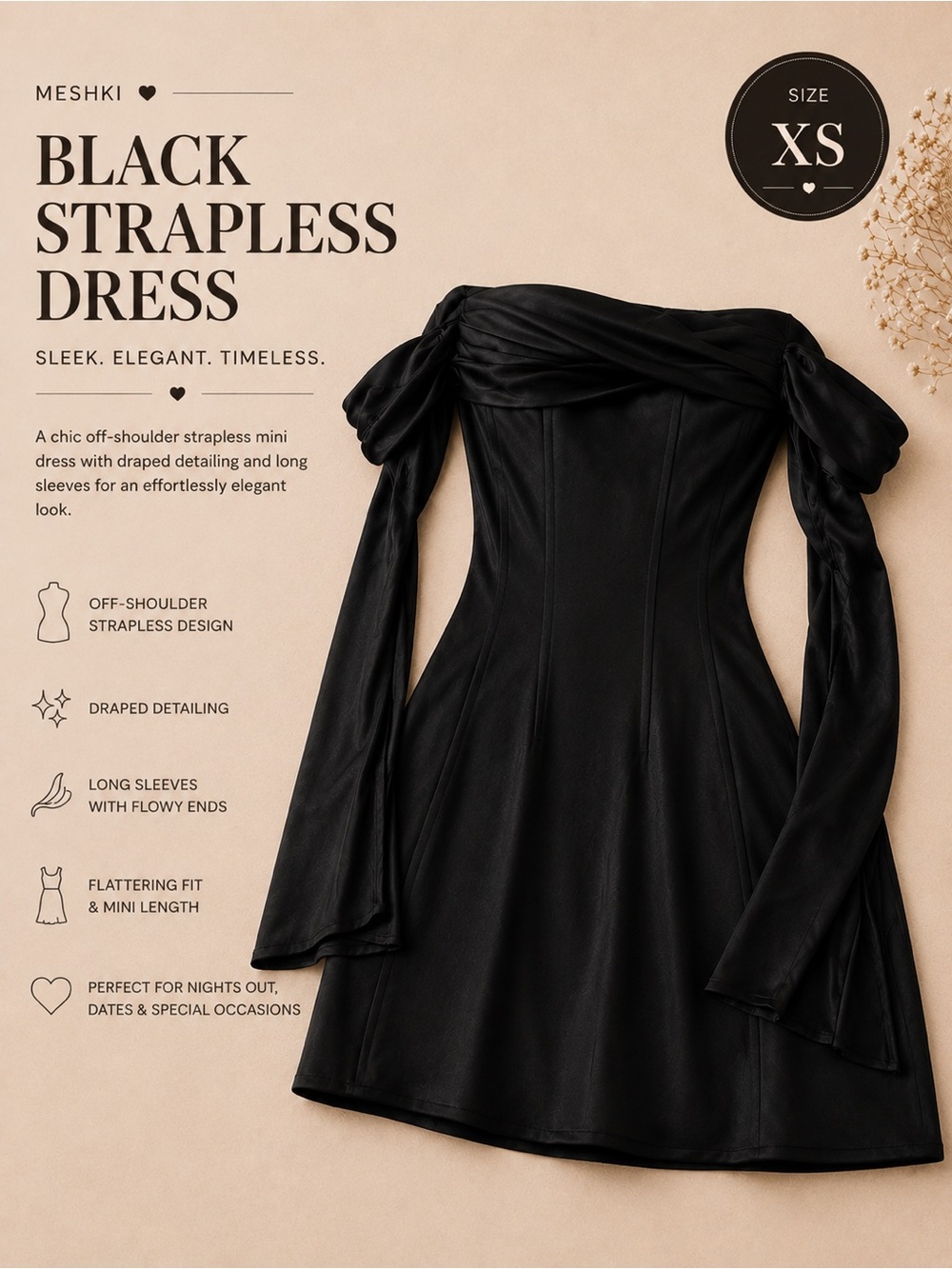MESHKI Giselle Off Shoulder Satin Mini Dress | Black | XS | NWT